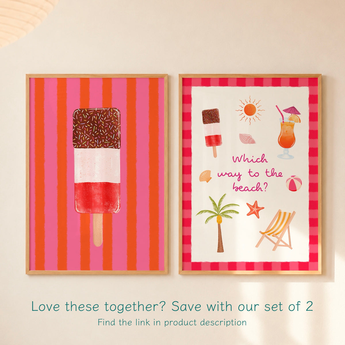 A set of two framed summer-themed art prints hanging on a beige wall. The left print features a red and orange striped background with a colorful popsicle illustration.