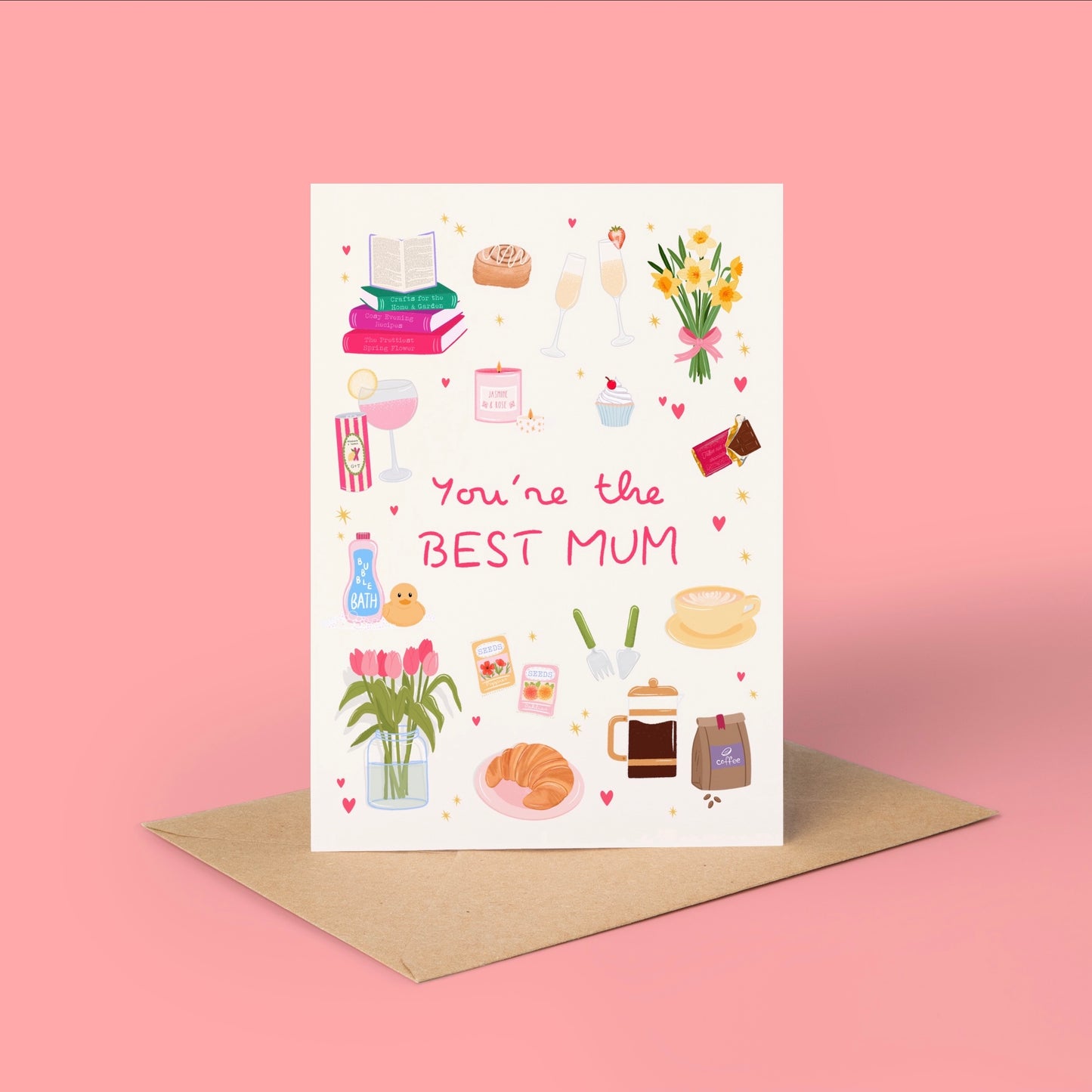 Greeting card with 'You're the Best Mum' text and cute spring treat illustrations on a pink background