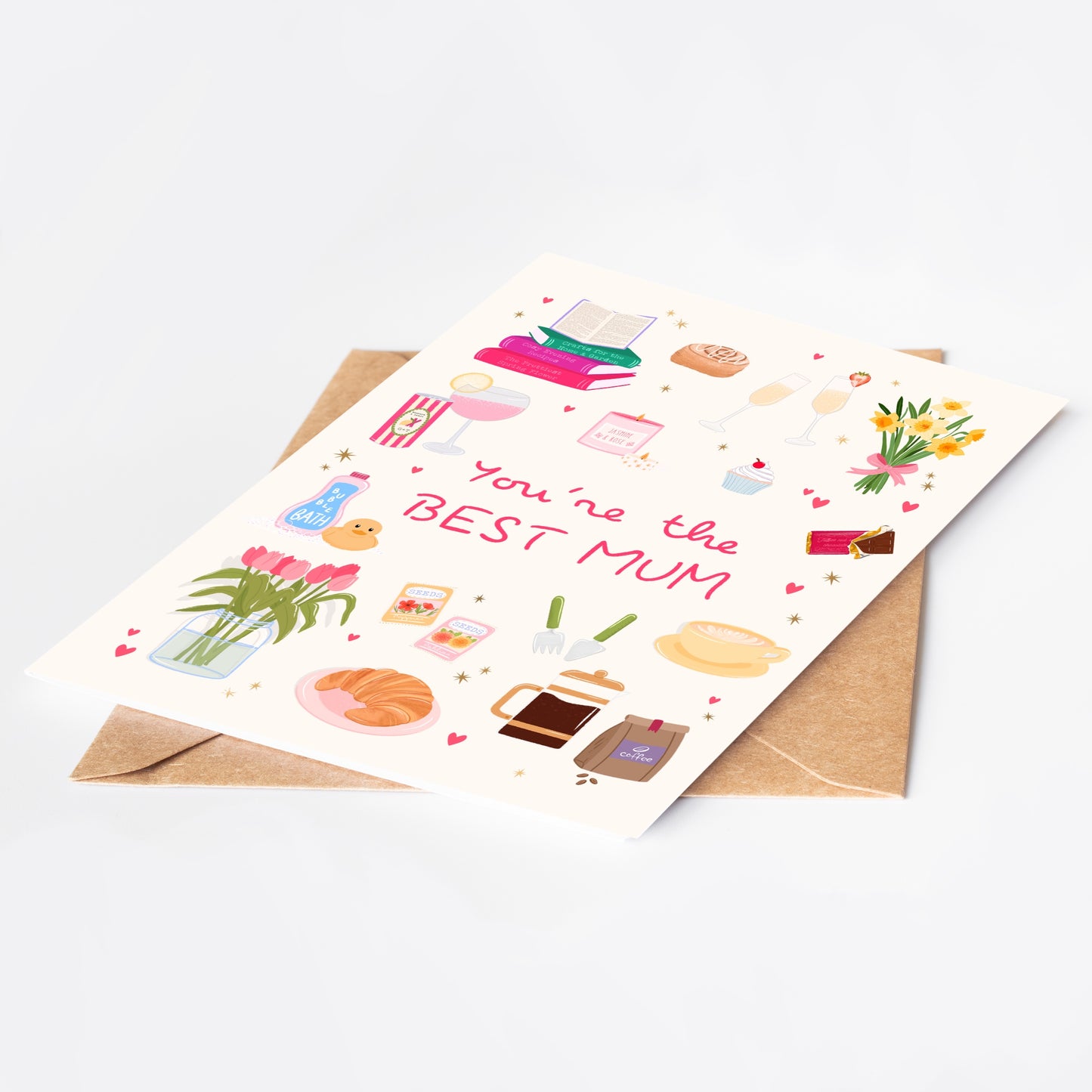 Greeting card with illustrations and text 'You're the BEST MUM' on a white background