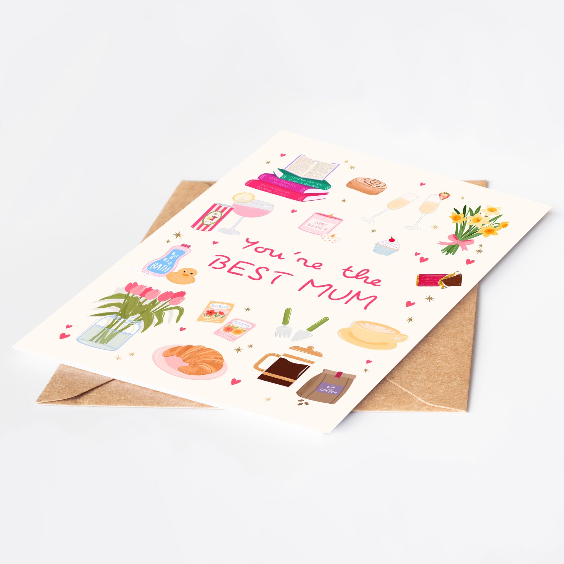 Greeting card with illustrations and text 'You're the BEST MUM' on a white background