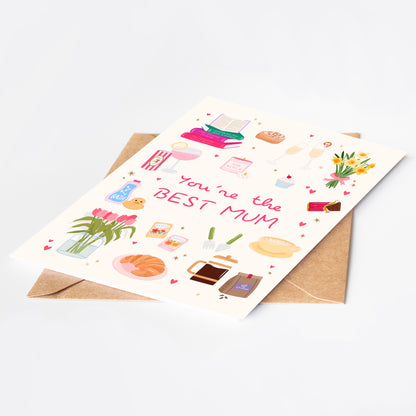 Greeting card with illustrations and text 'You're the BEST MUM' on a white background