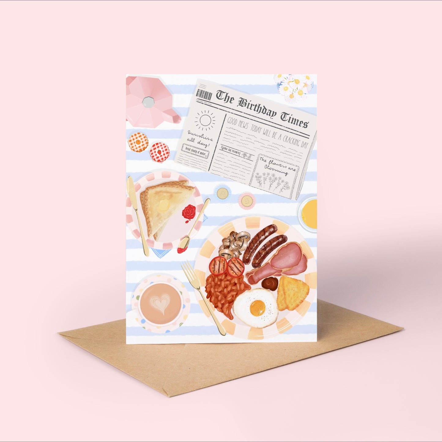 Birthday greeting card with breakfast-themed illustrations and a newspaper design on a pink background