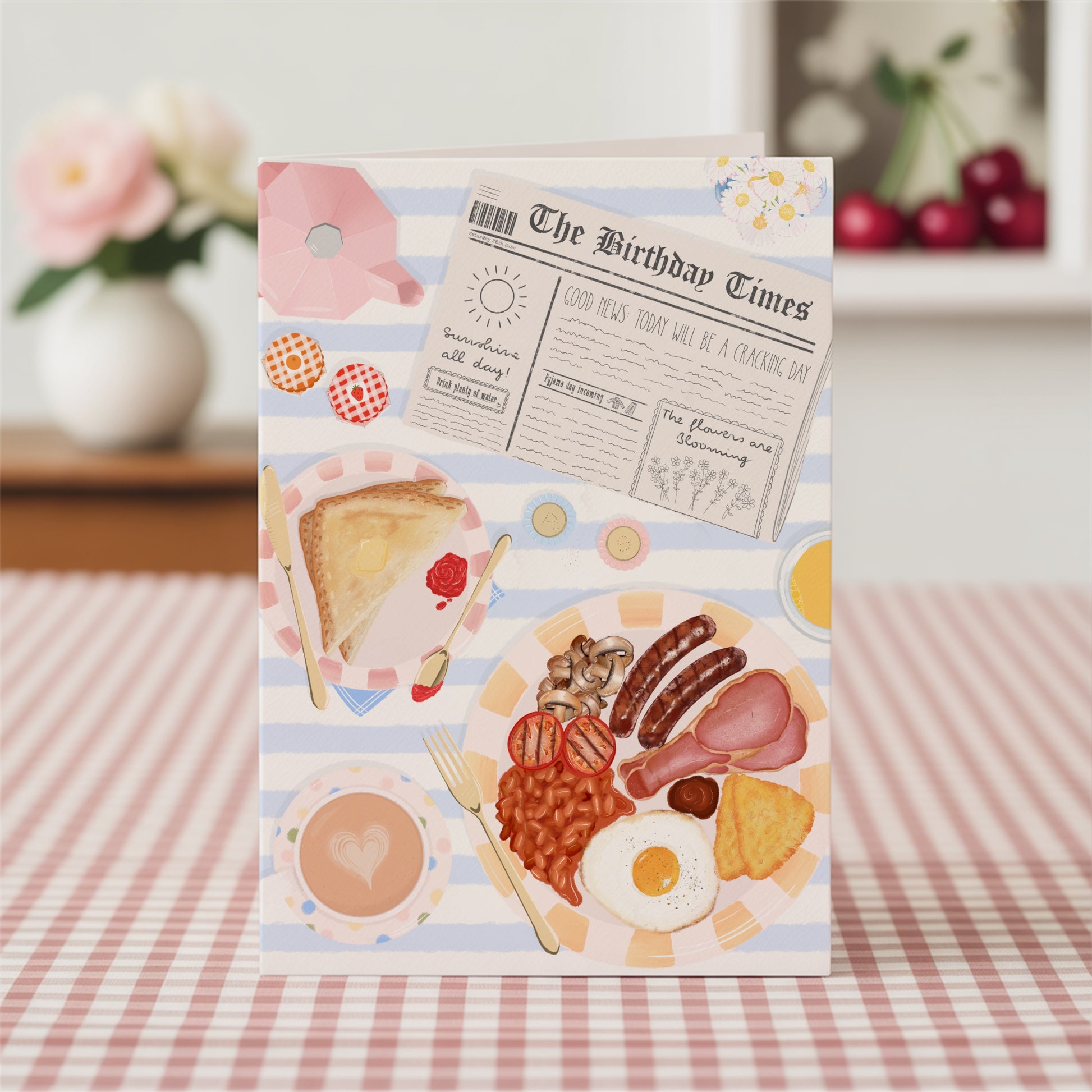 Greeting card with breakfast illustration on a checkered tablecloth