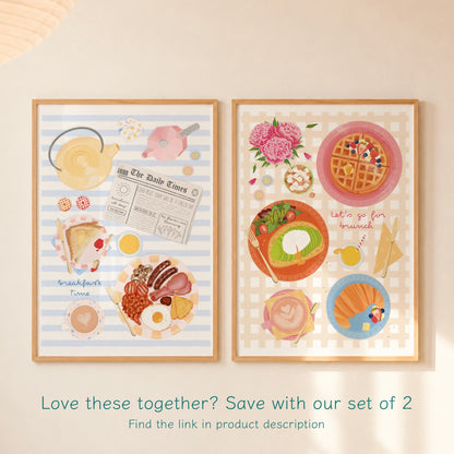 Two framed watercolor-style breakfast art prints displayed side by side on a beige wall. The left print has light blue stripes and includes a teapot, newspaper, toast, eggs, and sausage.