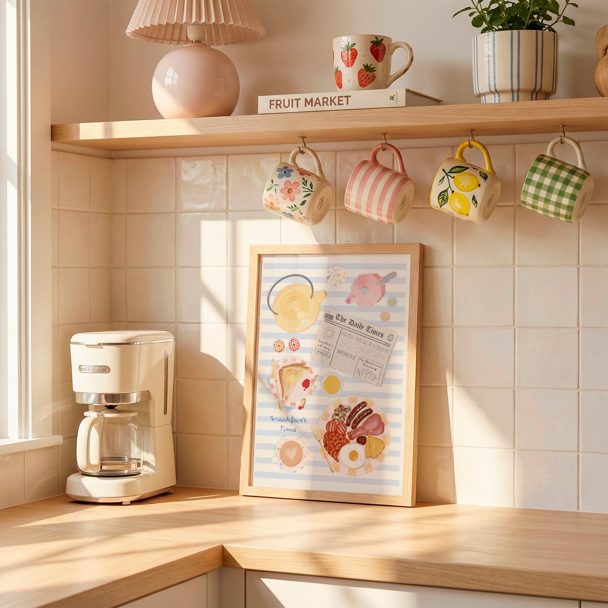 A framed pastel kitchen art print with illustrations of breakfast and text hangs on a tiled backsplash in a sunlit kitchen. A cream coffee maker sits on the counter, and hanging mugs with floral, striped, lemon, and gingham patterns are displayed on hooks below a wooden shelf.