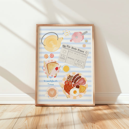 Framed artwork with pink and yellow breakfast-themed illustrations and blue stripes on a white wall.