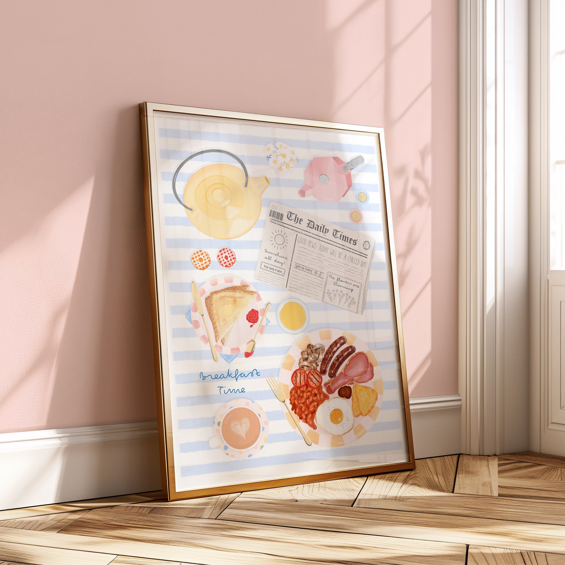 Framed artwork of a breakfast scene with pastel colors on a pink wall.