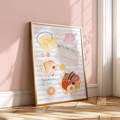 Framed artwork of a breakfast scene with pastel colors on a pink wall.