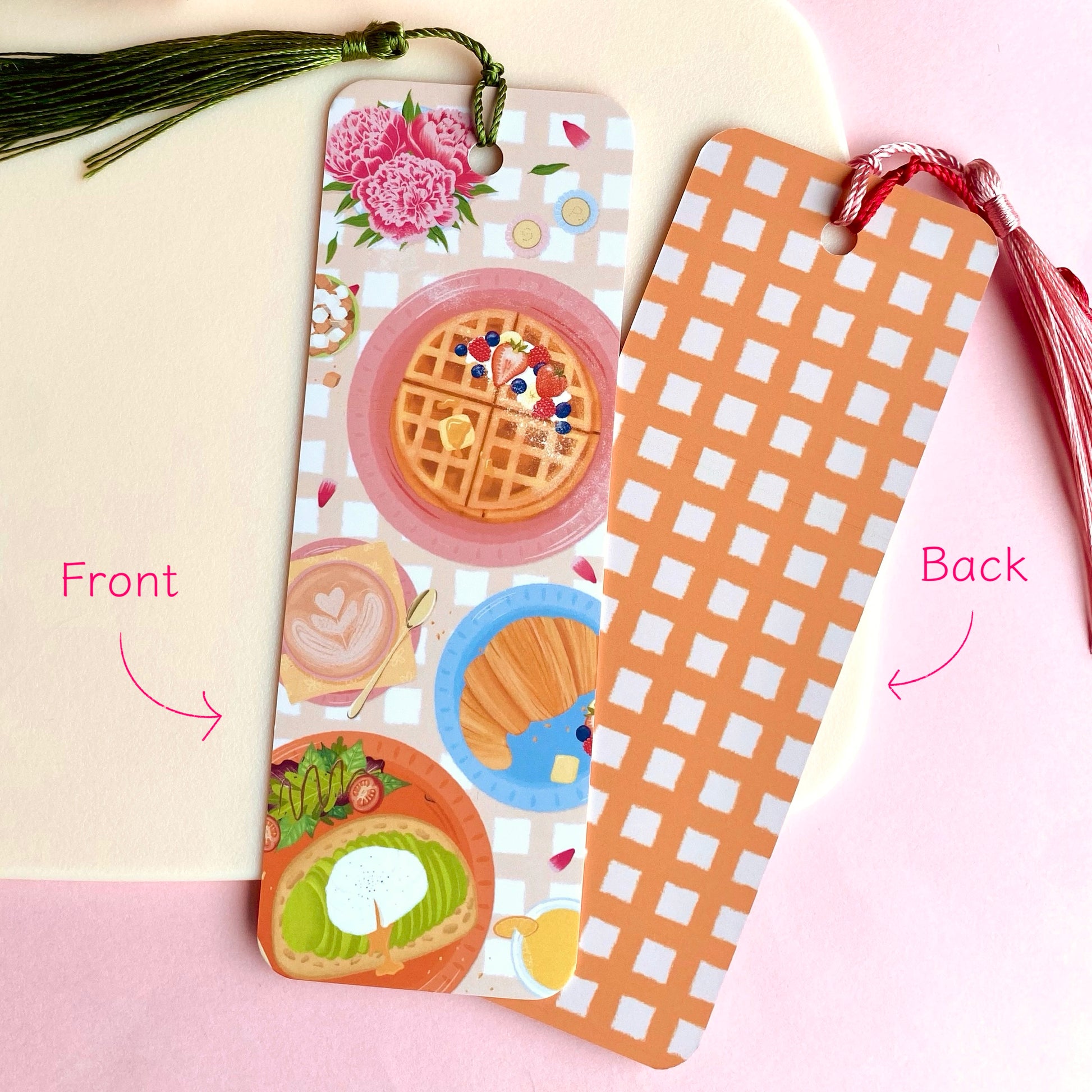Illustrated brunch bookmark showing front and back designs on a pink background