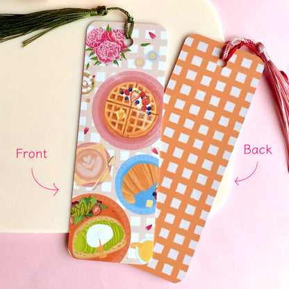 Illustrated brunch bookmark showing front and back designs on a pink background
