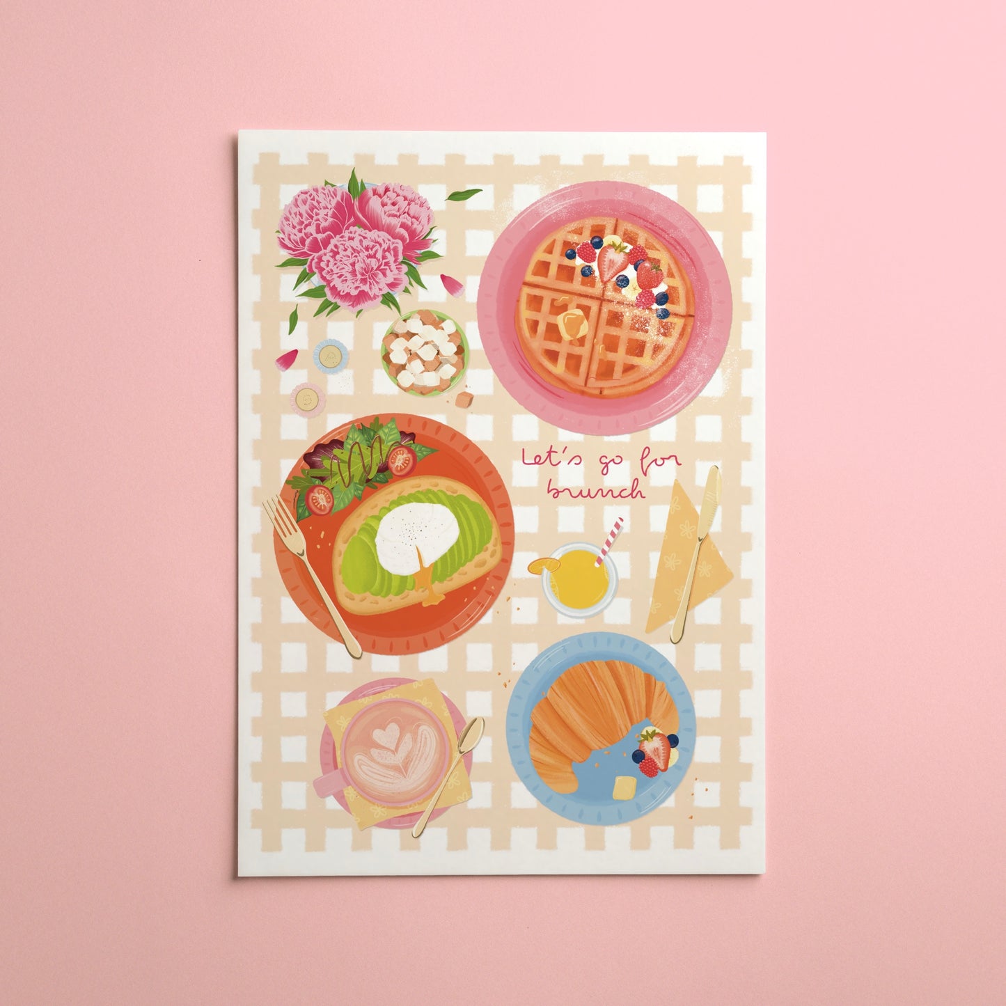 A vertical art print featuring a whimsical breakfast illustration with waffles, avocado toast, coffee, and pastries on a pink and cream checkered background, displayed against a solid pink background.