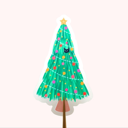 Decorative Christmas tree sticker with colourful ornaments and a star, with 2 black cats playing in and around the tree. On a white background
