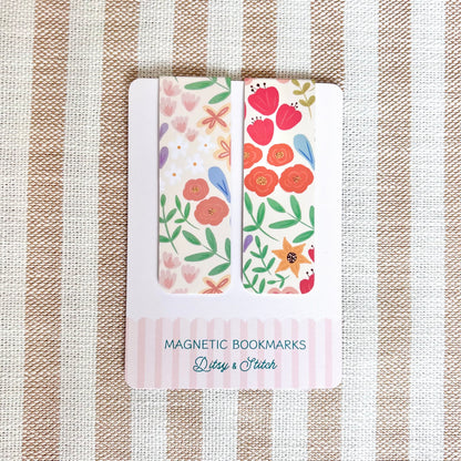 Pack of magnetic bookmarks with floral design on a striped fabric background