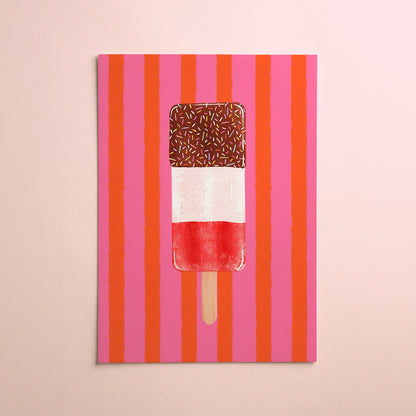 A vertical art print featuring a stylized popsicle with a chocolate sprinkle top, white middle section, and red bottom on a pink and orange striped background, displayed against a light pink background.