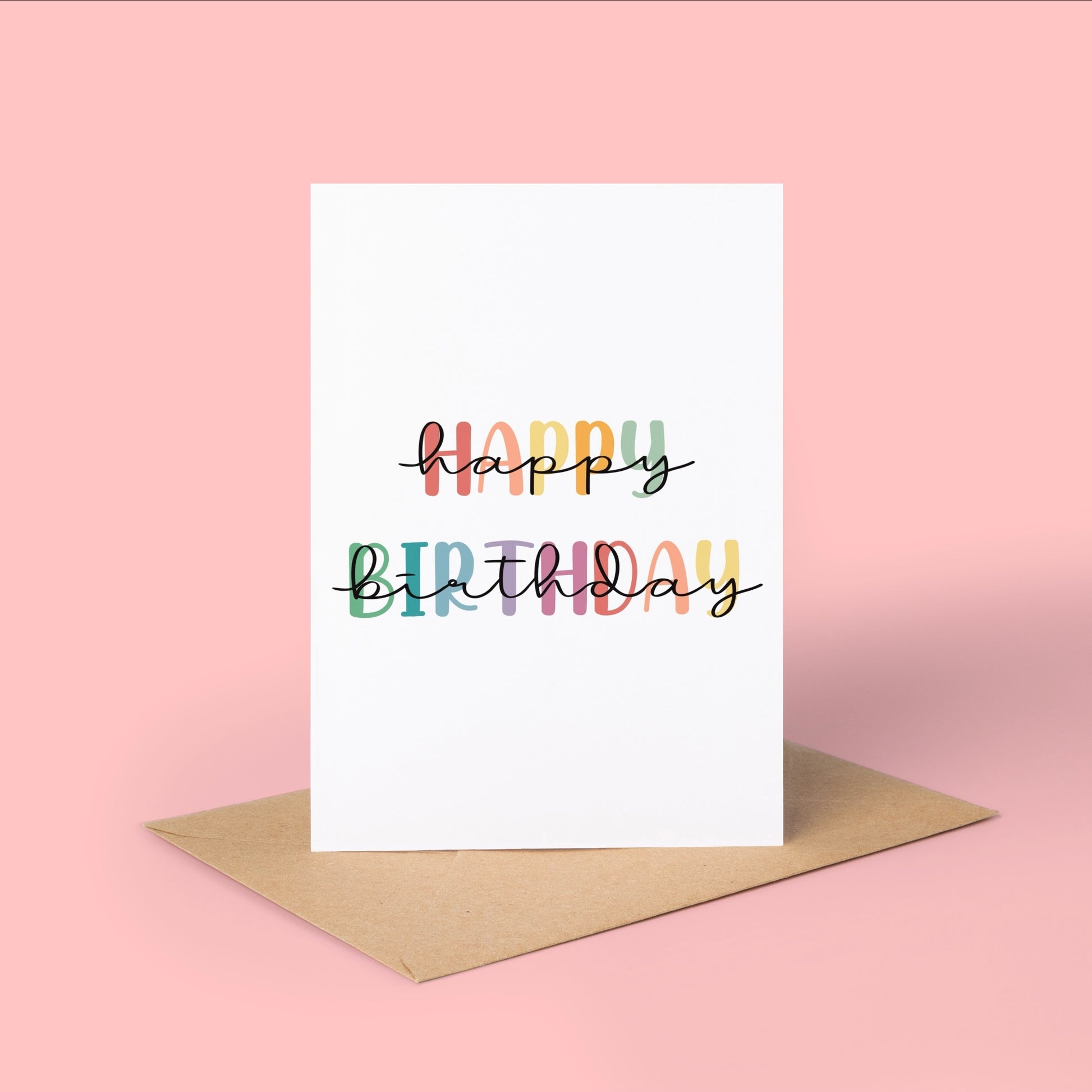 White card with 'Happy Birthday' in colorful letters on a pink background