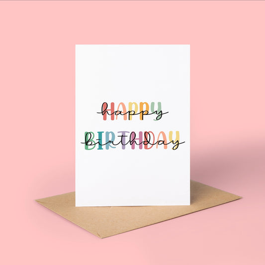White card with 'Happy Birthday' in colorful letters on a pink background
