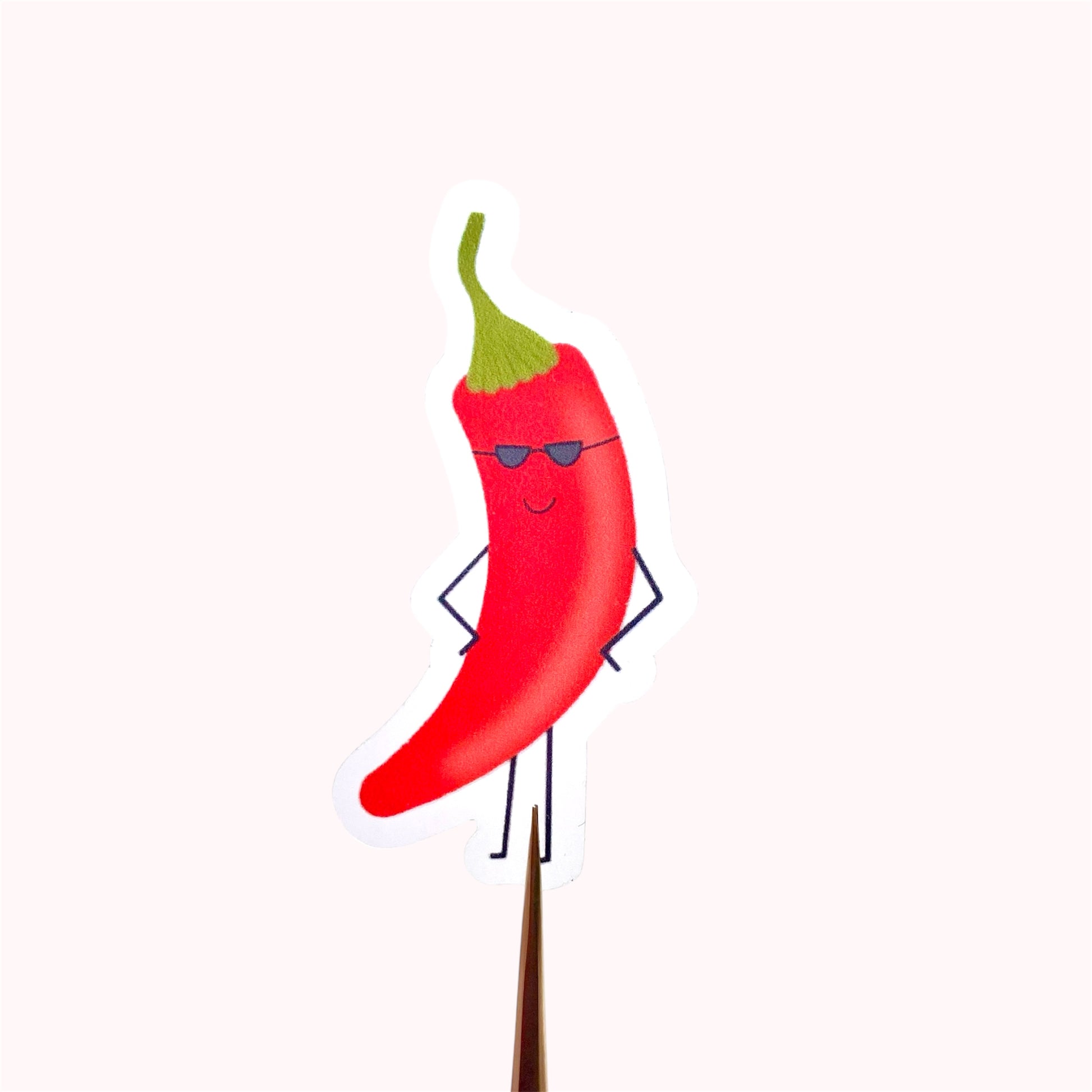Transparent vinyl sticker with a cartoon red chili pepper with sunglasses