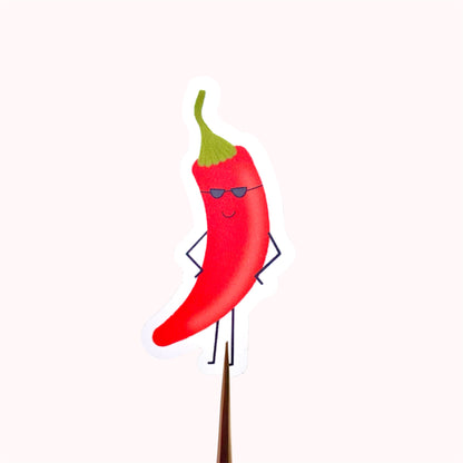 Transparent vinyl sticker with a cartoon red chili pepper with sunglasses