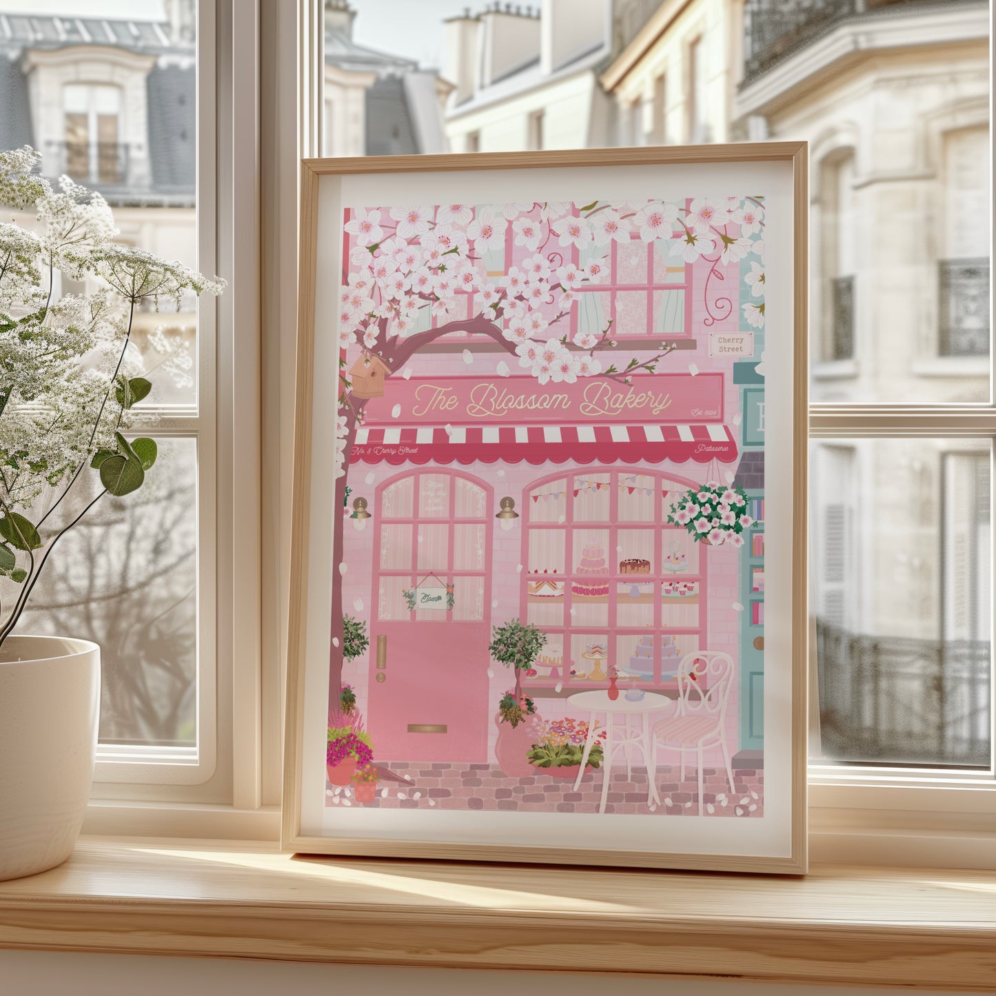 Framed illustration of a pink bakery named 'The Blossom Bakery' on a windowsill.