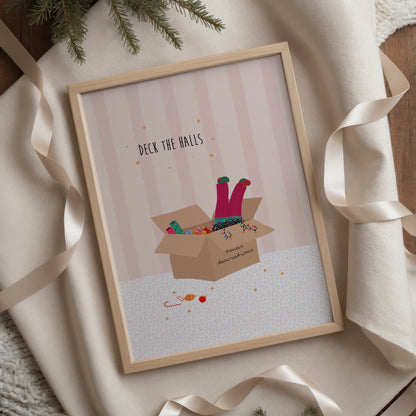 A pink striped illustration with a box of Christmas decorations and colourful lights and a girls legs in pink trousers and mismatched socks dangling out of the top