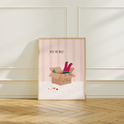 A pink striped illustration with a box of Christmas decorations and colourful lights and a girls legs in pink trousers and mismatched socks dangling out of the top