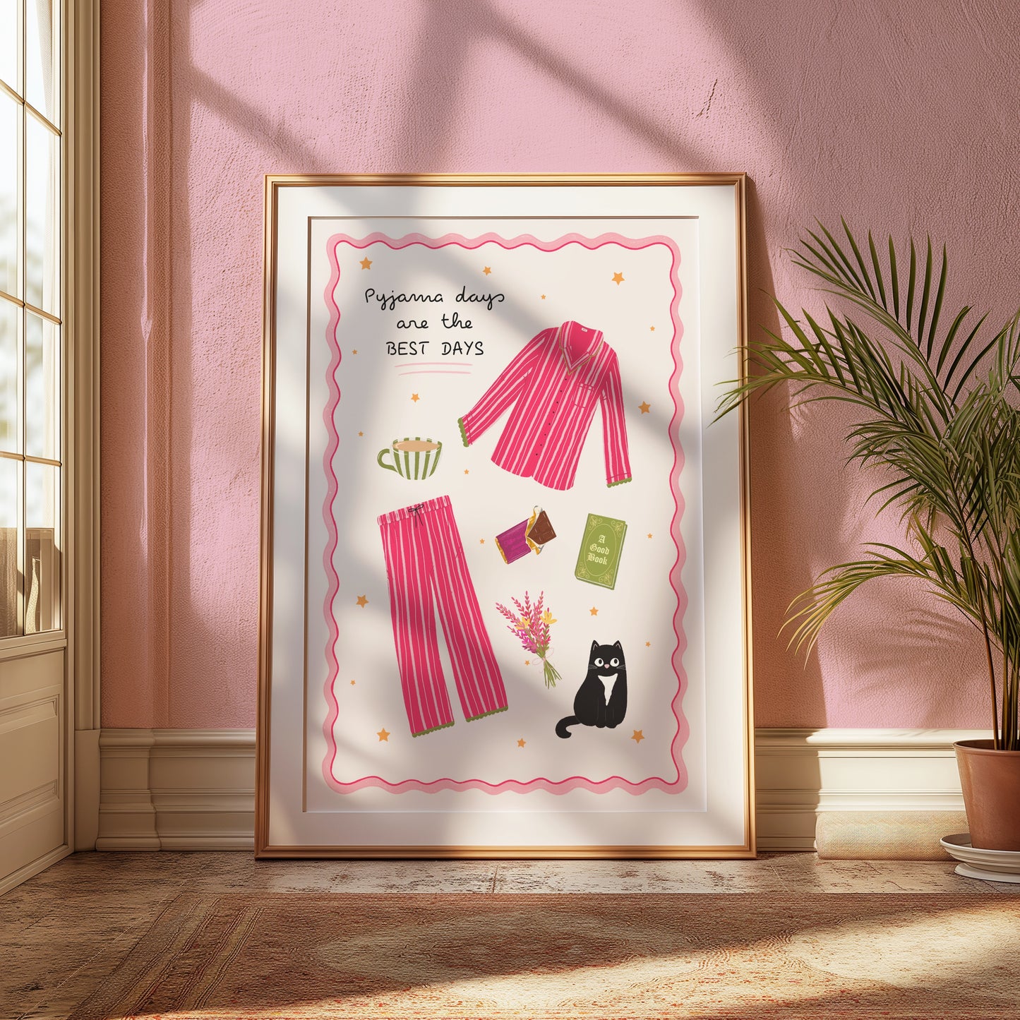 Framed artwork with pink pyjama design on a pink wall with a plant