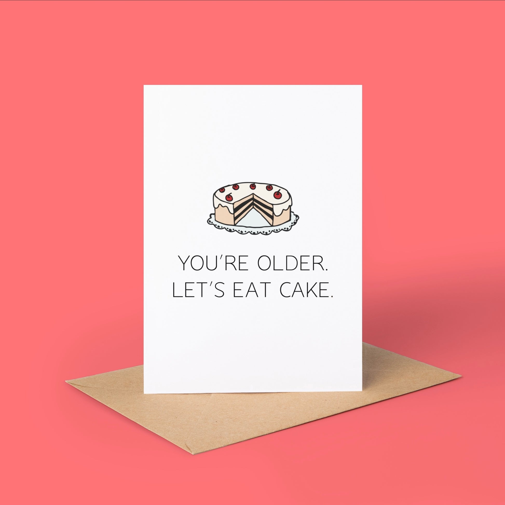 Greeting card with a cake illustration and text on a pink background