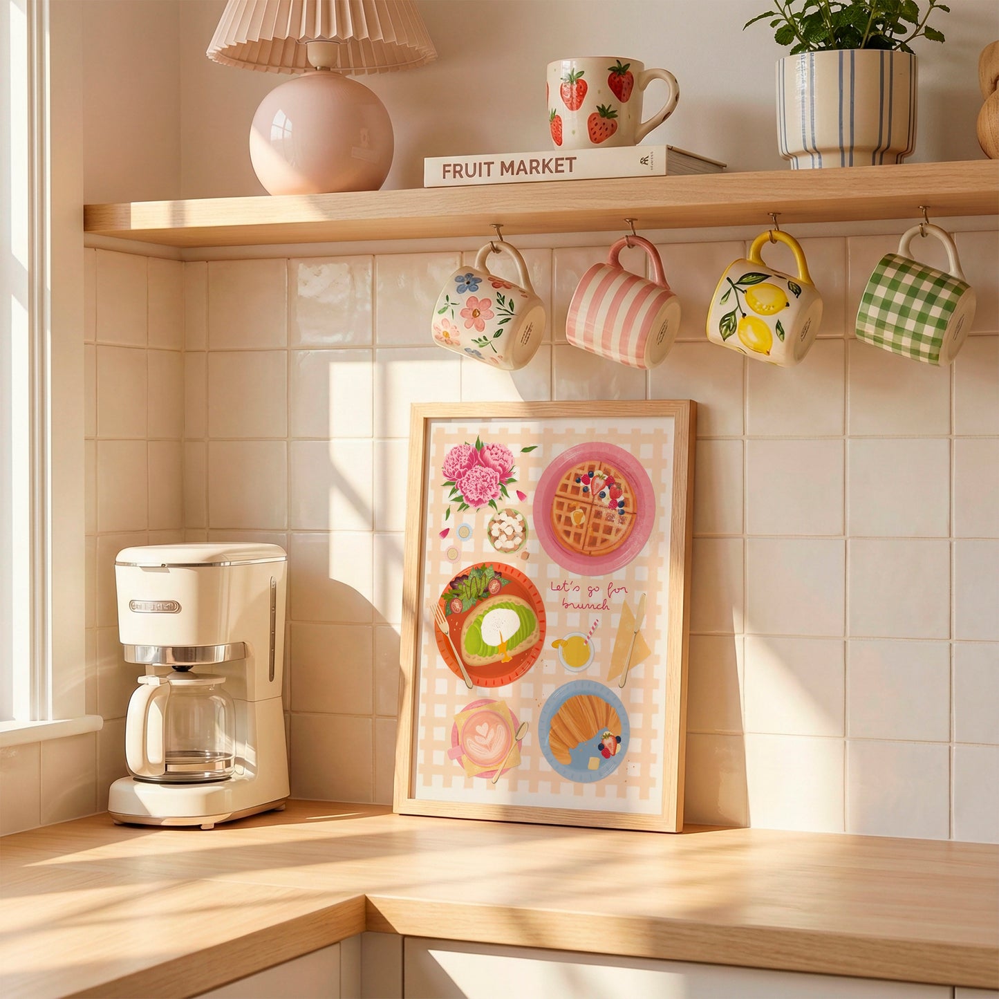 A framed pastel art print featuring waffles, flowers, and small illustrations leans against a tiled kitchen wall on a wooden counter. A cream coffee maker sits to the left, and hanging mugs with floral and fruit designs hang from hooks on the wall.