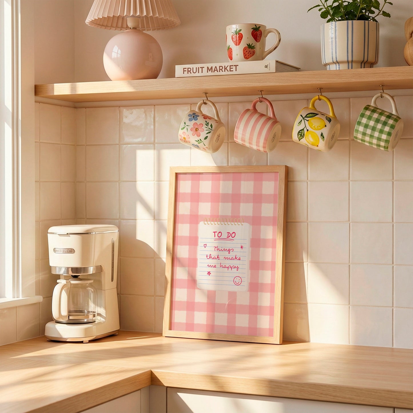 A cosy kitchen corner with a pink gingham framed sign on a wooden counter, hanging floral mugs from hooks on a tiled wall, a cream coffee maker, and a shelf with mugs and a plant in the background.