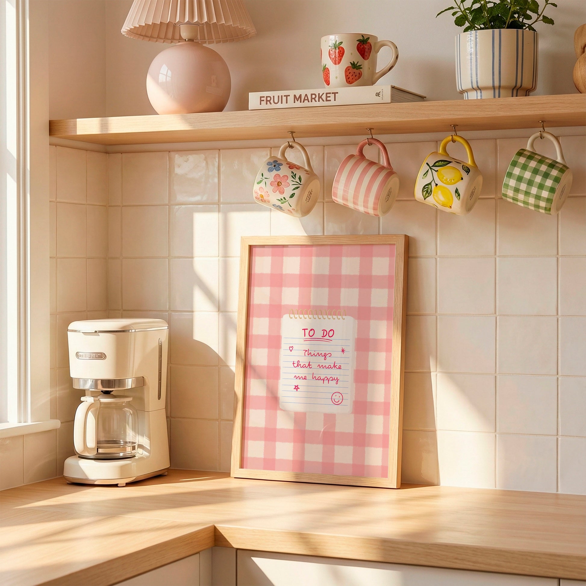 A cosy kitchen corner with a pink gingham framed sign on a wooden counter, hanging floral mugs from hooks on a tiled wall, a cream coffee maker, and a shelf with mugs and a plant in the background.
