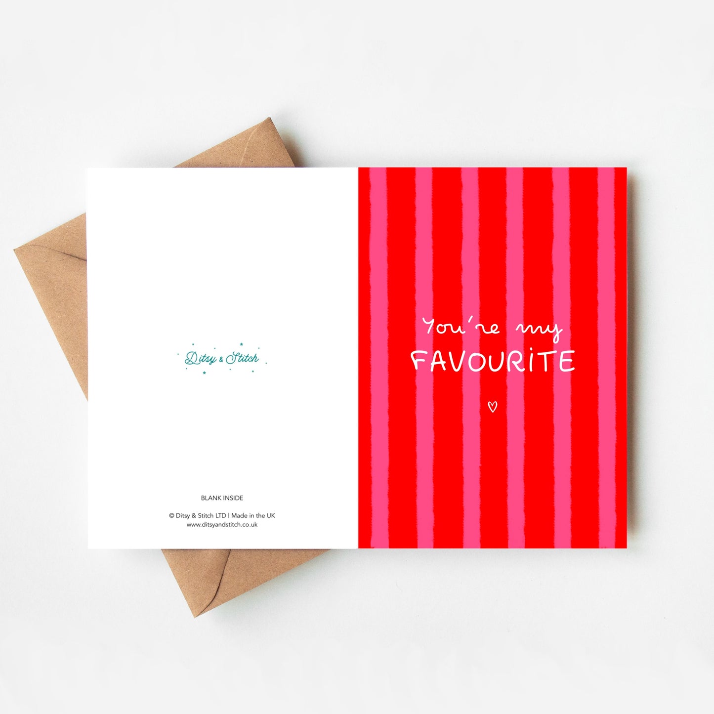 Greeting card with red and pink striped design and text 'You're my Favourite' on a white background.