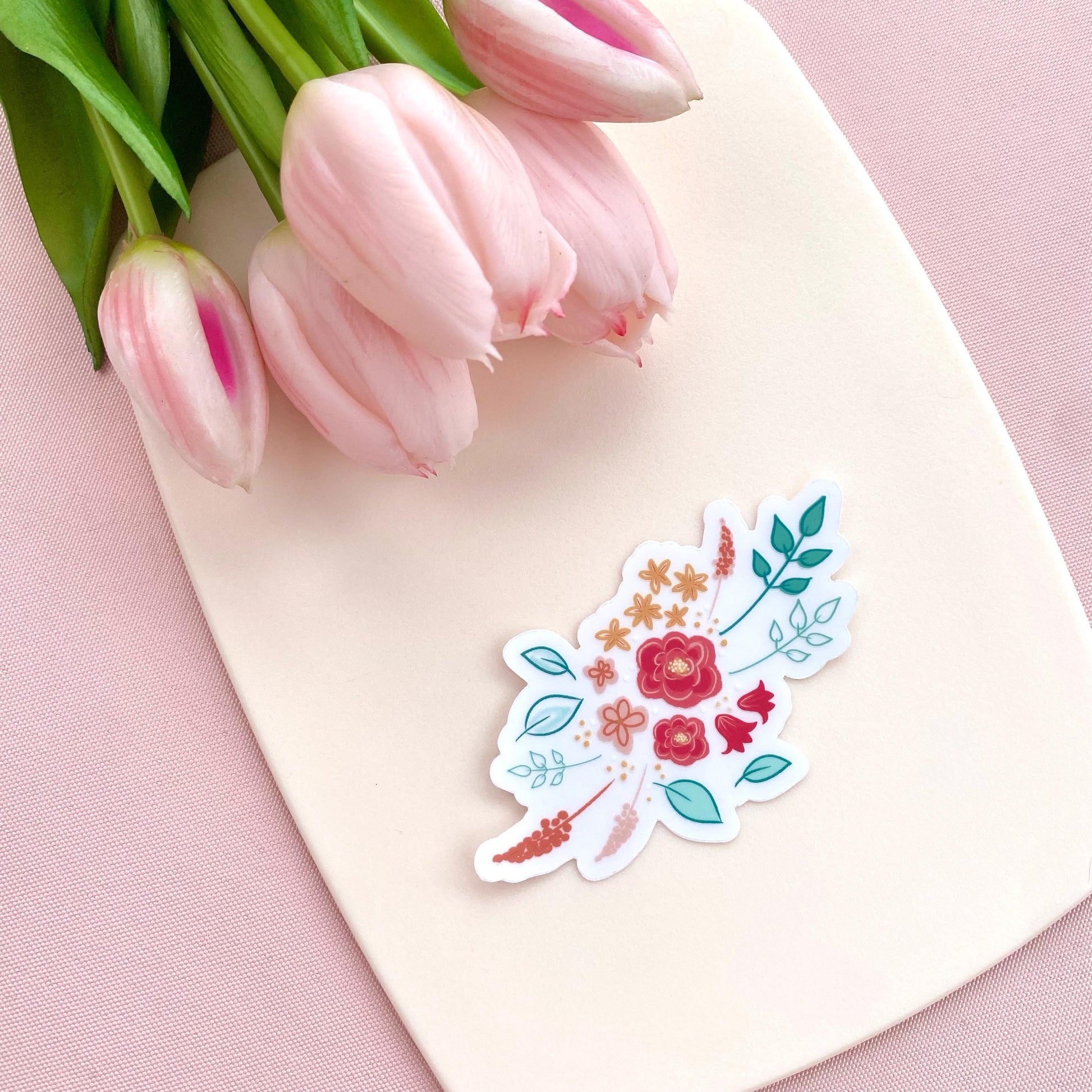 Floral sticker with pink tulips on a pink background