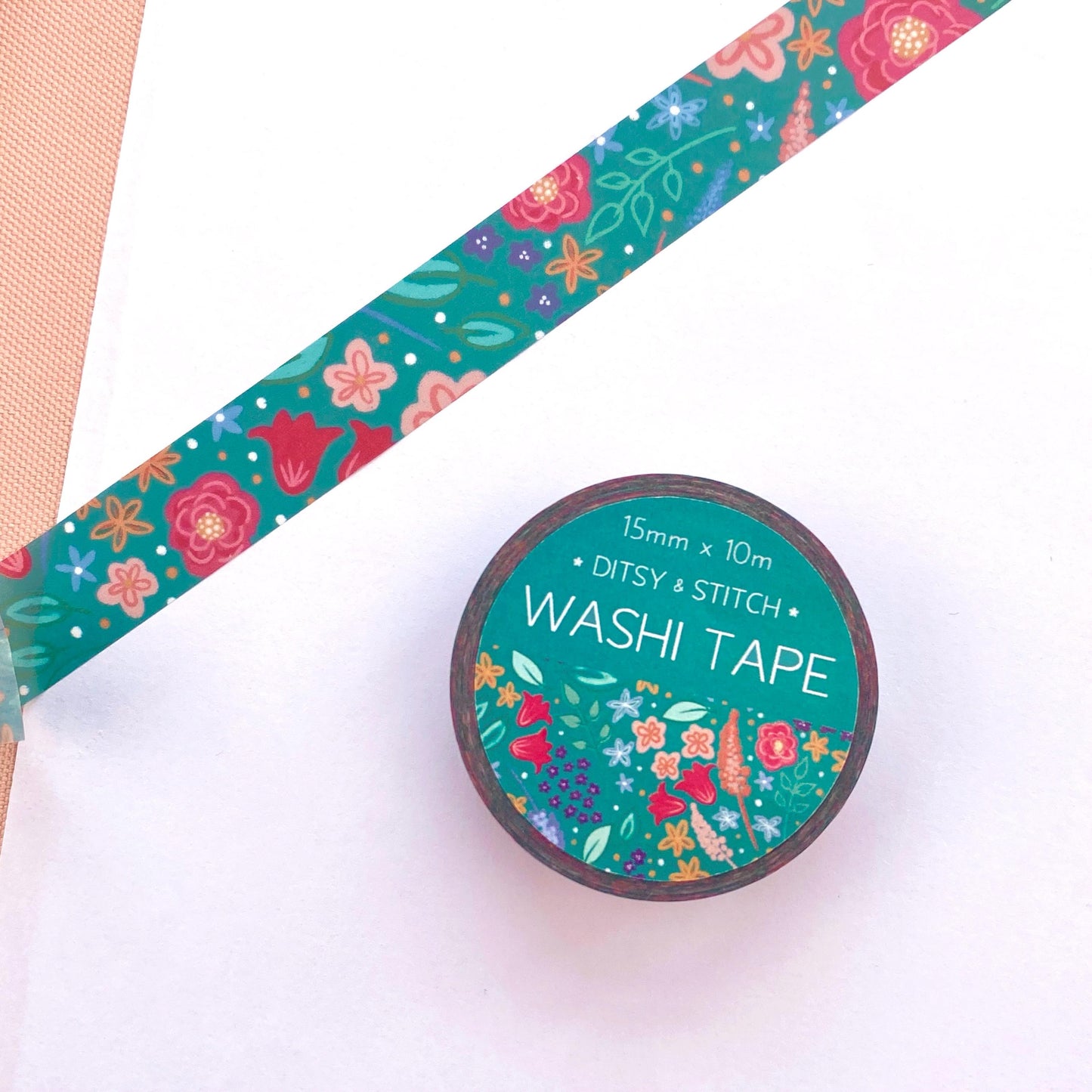 Floral washi tape with a 'Ditsy & Stitch' label on a white background