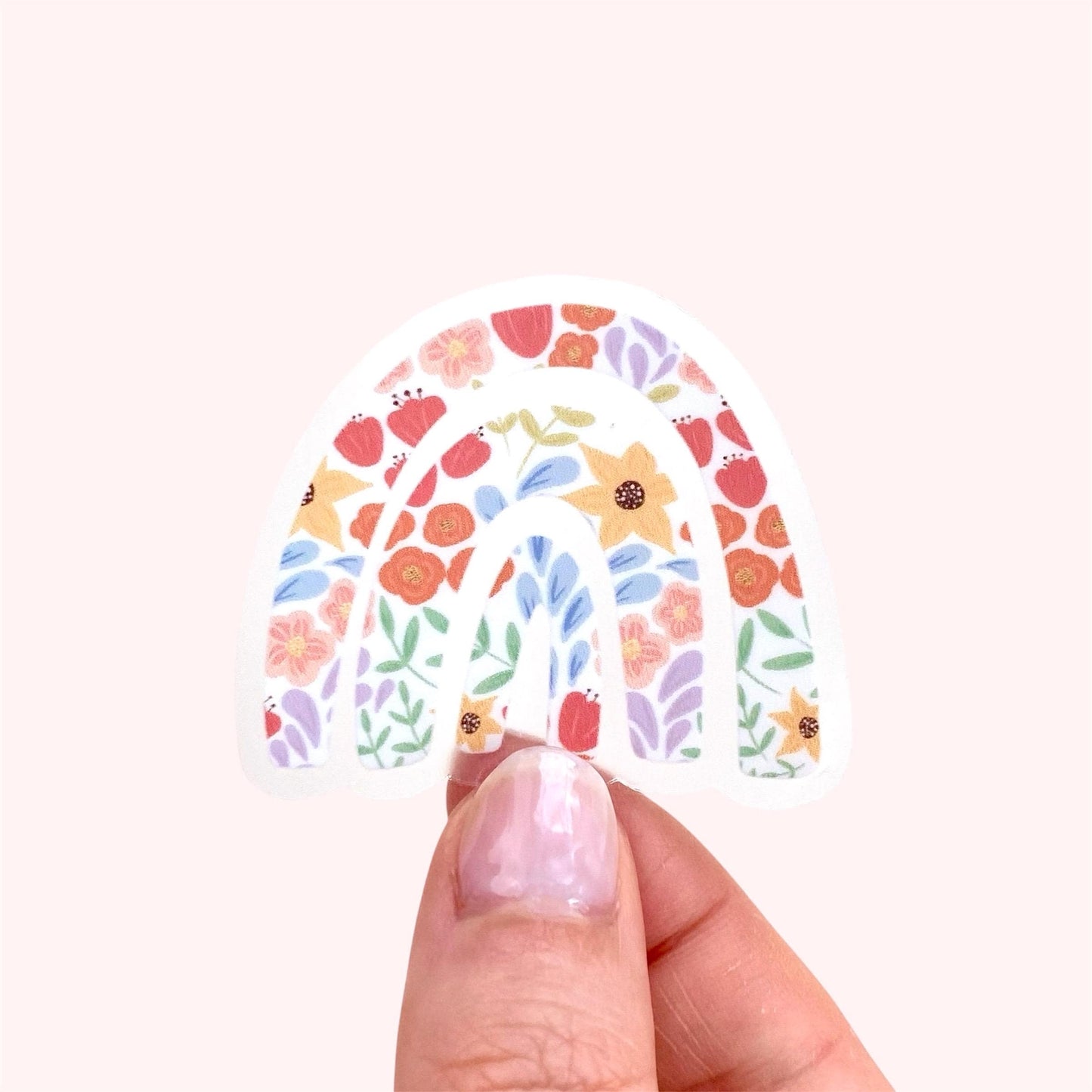 Hand holding a rainbow sticker with a  colourful floral design on a white background