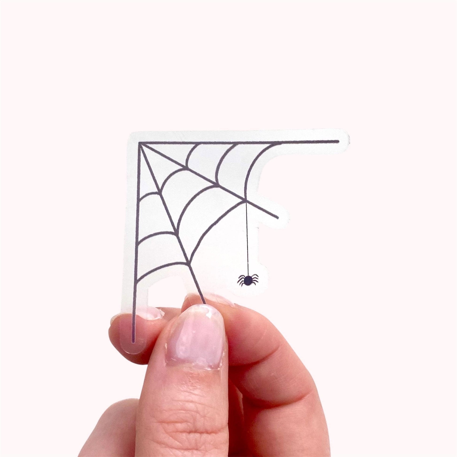 Hand holding a transparent sticker with corner spider web design with a hanging spider against a white background