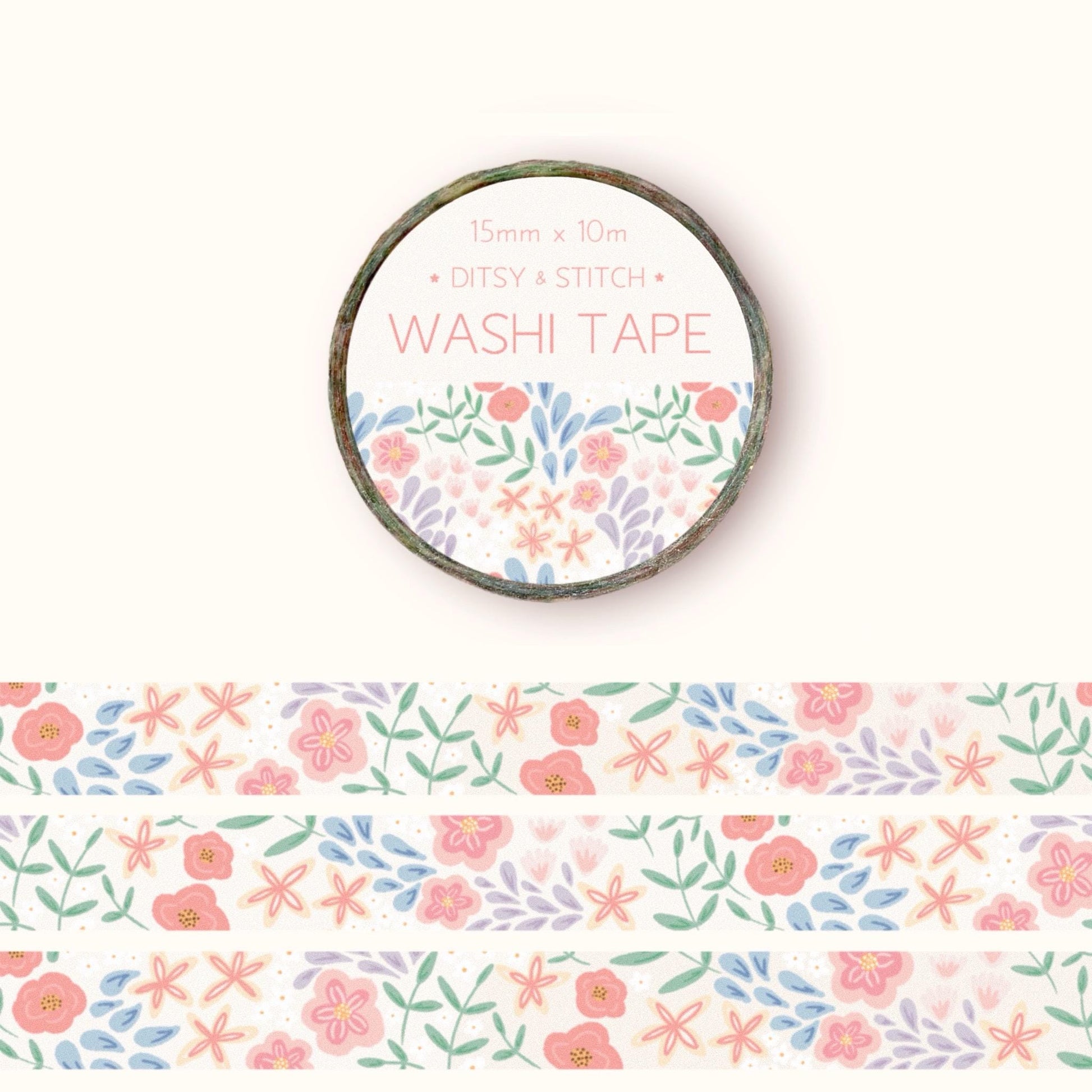 Floral washi tape with a label 'Ditsy & Stitch' on a white background.