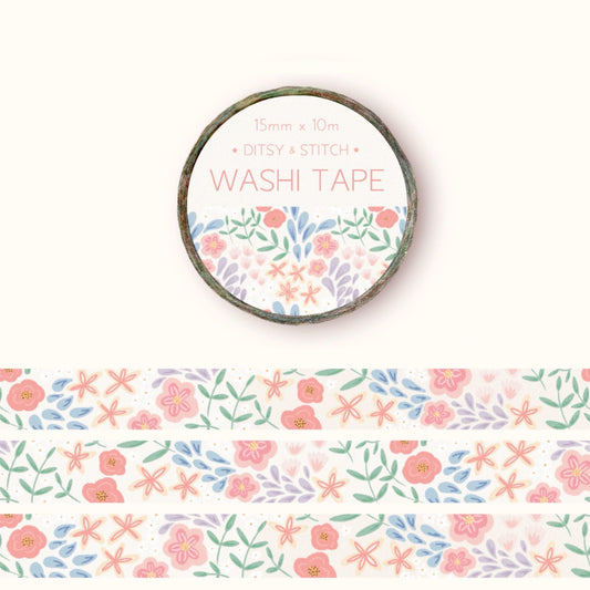 Floral washi tape with a label 'Ditsy & Stitch' on a white background.