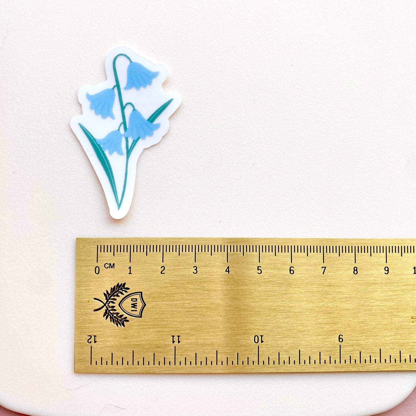 Bluebell sticker next to a ruler on a white background