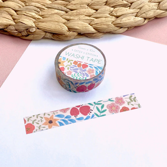 Decorative washi tape with floral design on a white surface