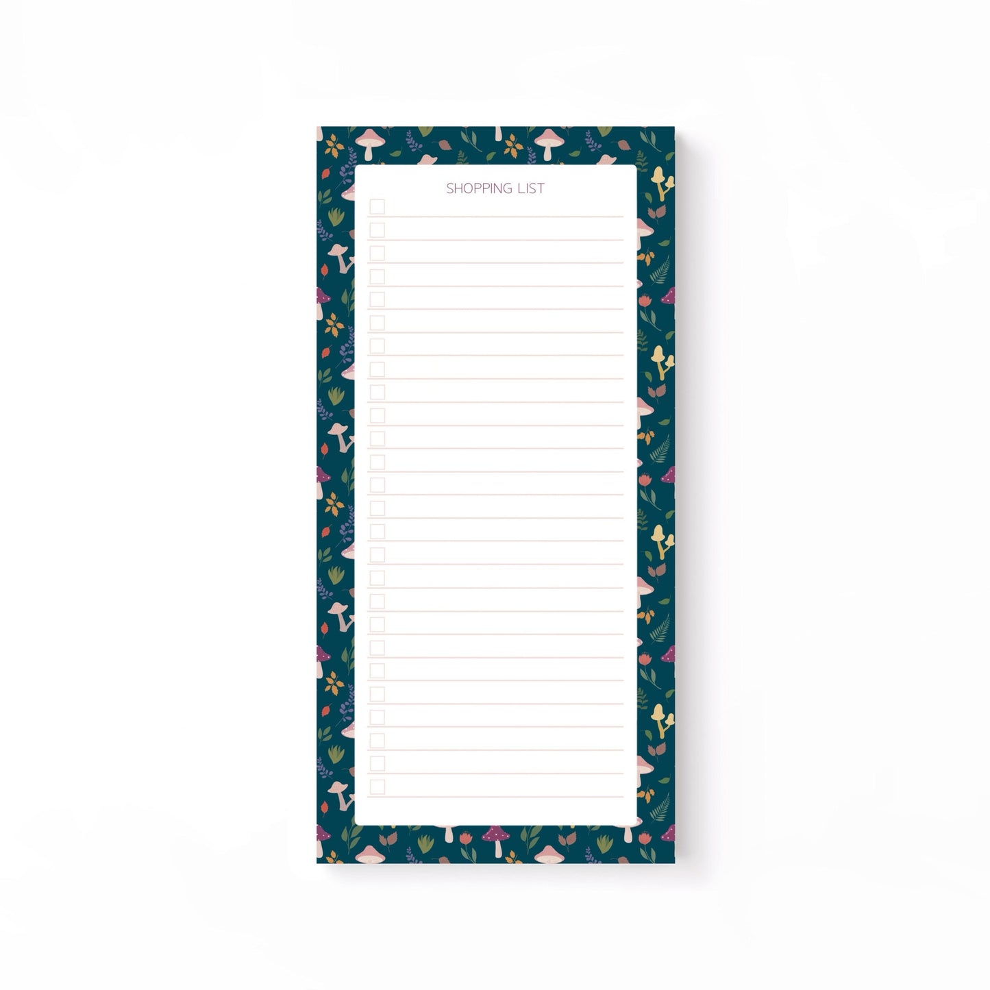 Autumn foliage-patterned shopping list notepad on a white background