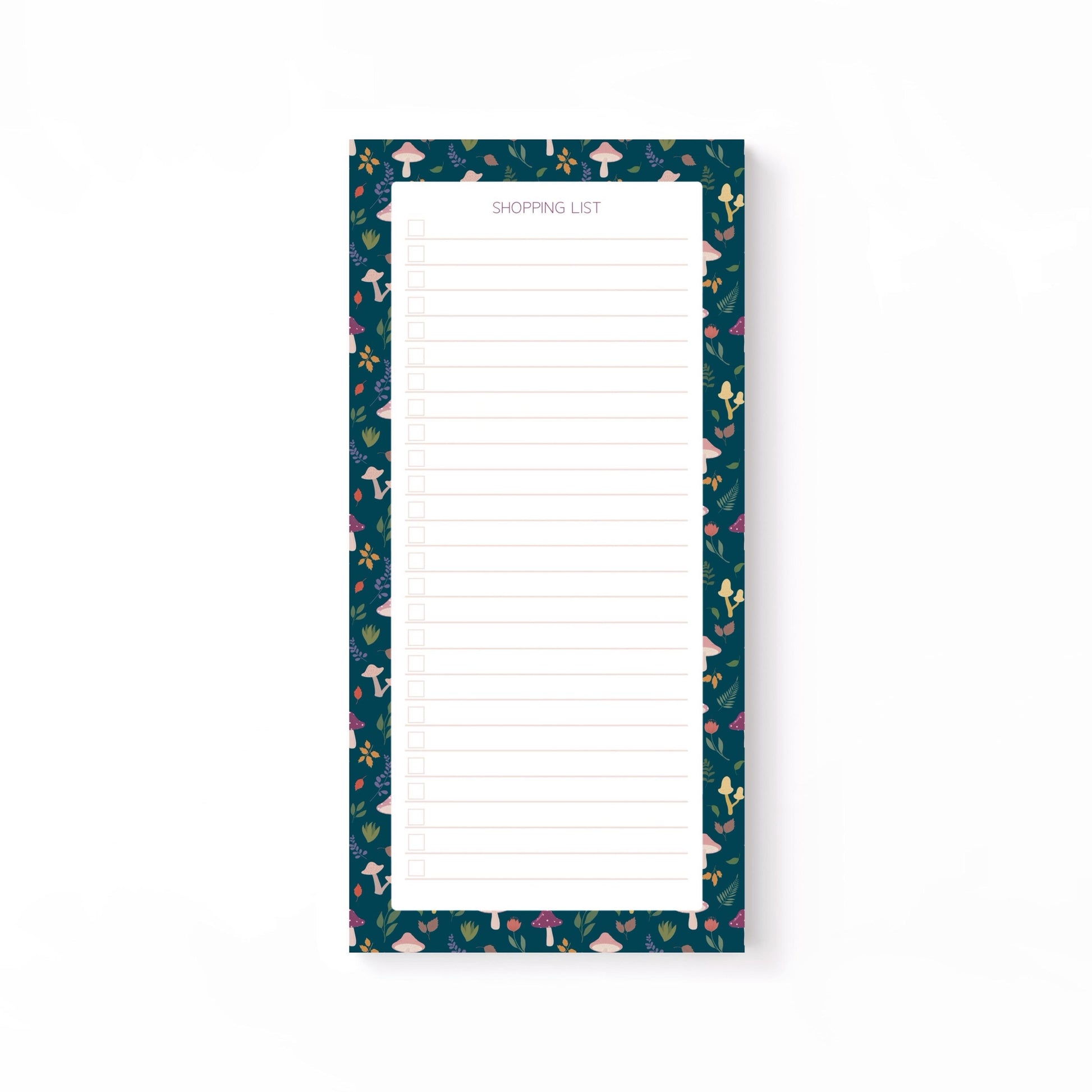 Autumn foliage-patterned shopping list notepad on a white background