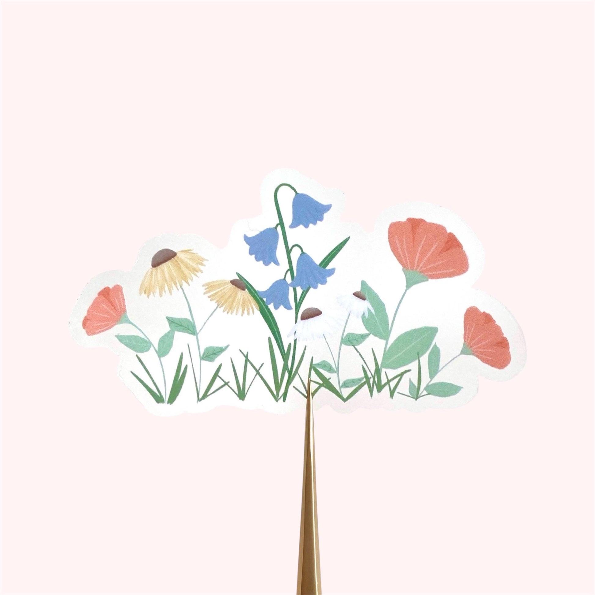A sticker with colourful garden flowers design on a white background.