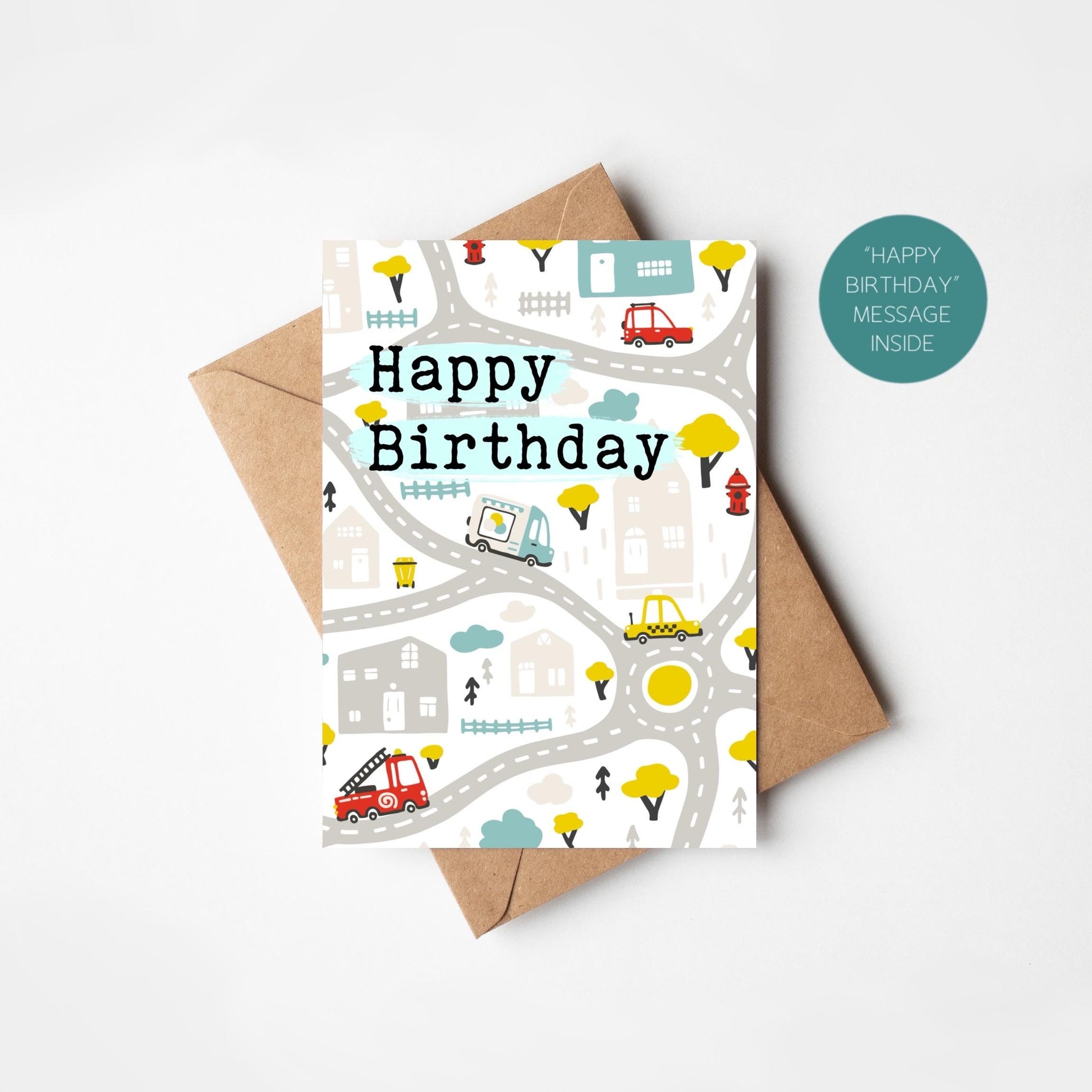 Birthday card with road map design and envelope on a white background