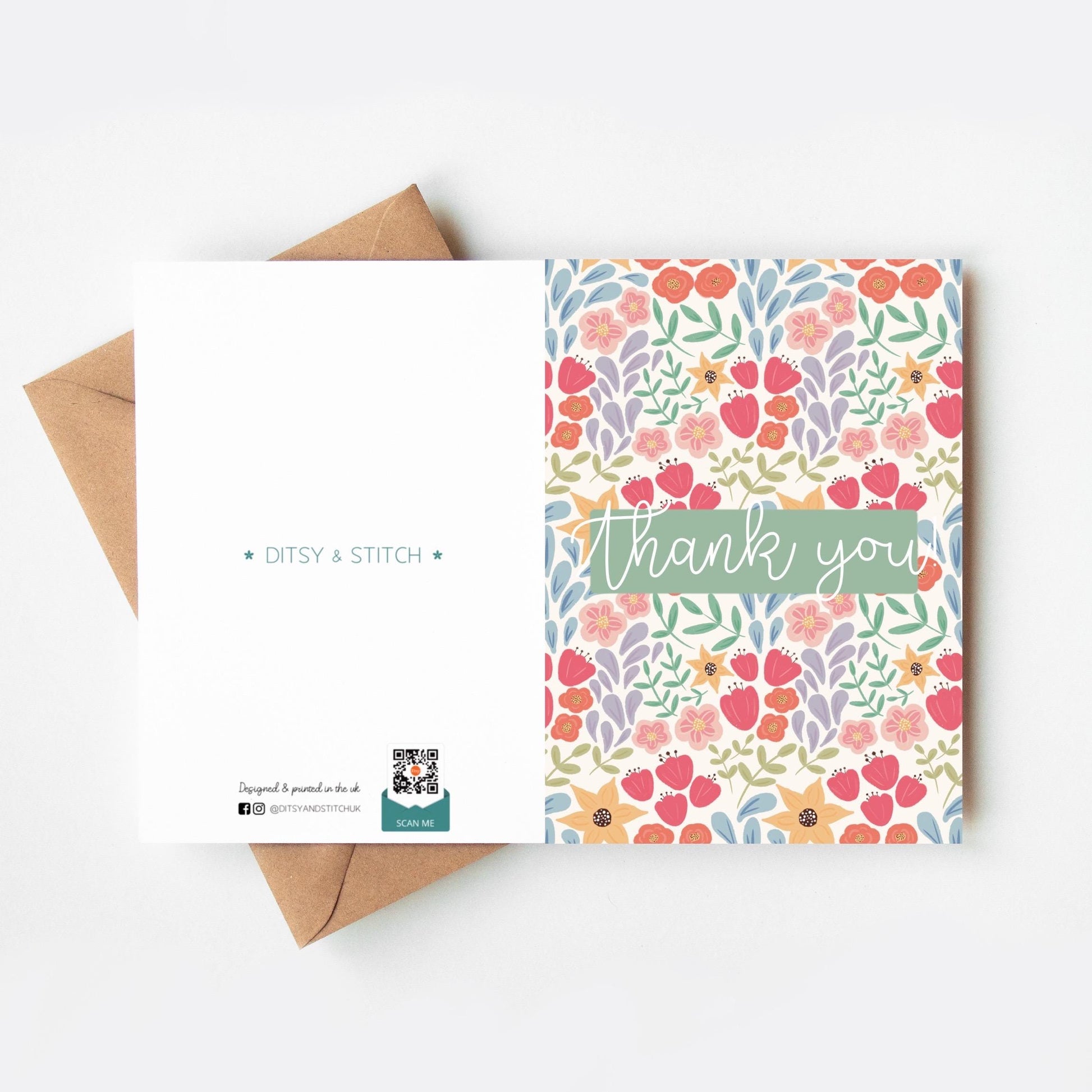 Floral patterned card with 'Thank you' text on a white background