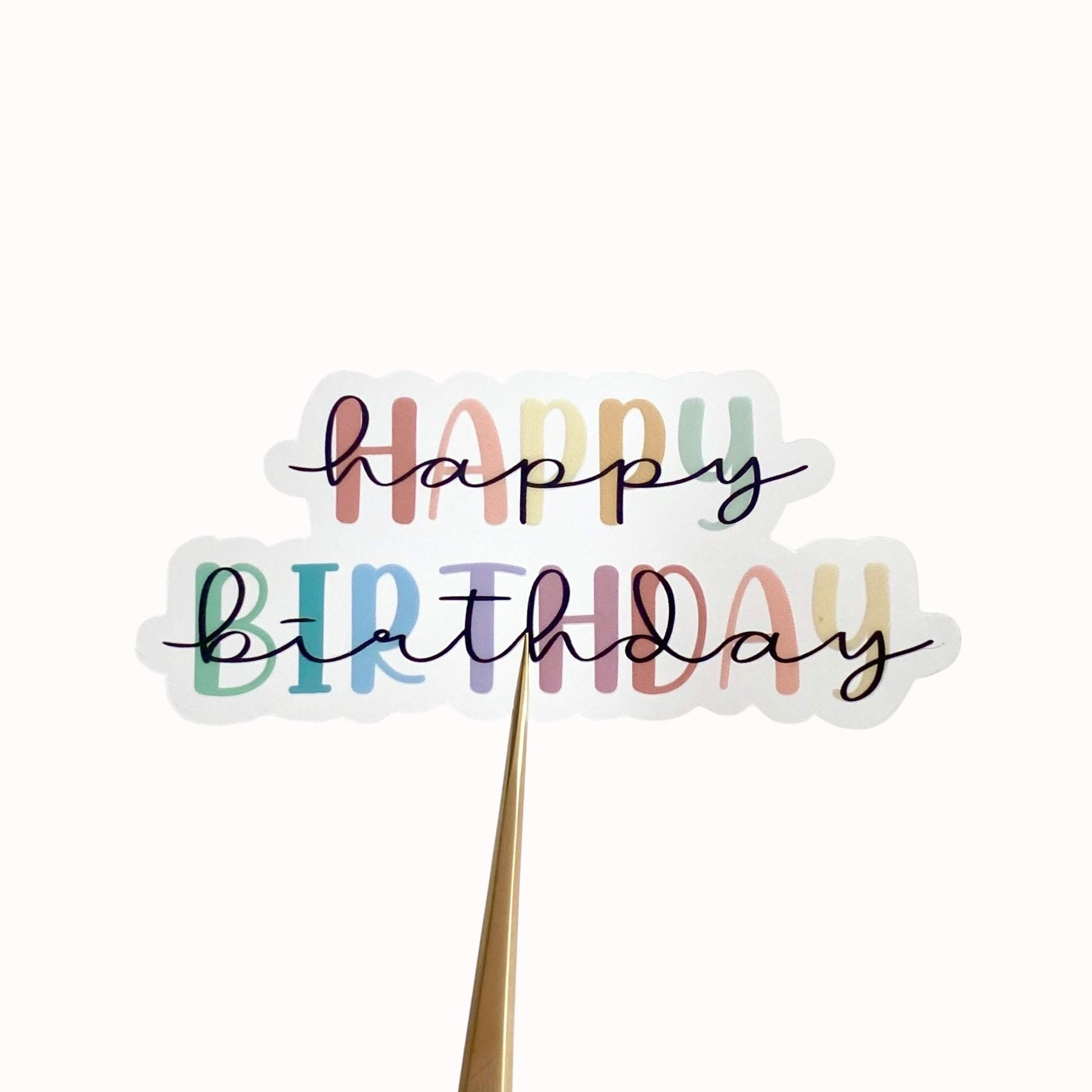 Colourful transparent 'Happy Birthday' sticker on a white background