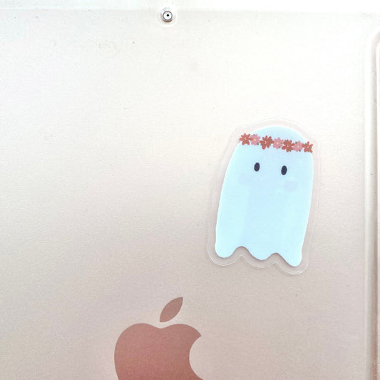 Ghost sticker with a flower crown on an Apple product