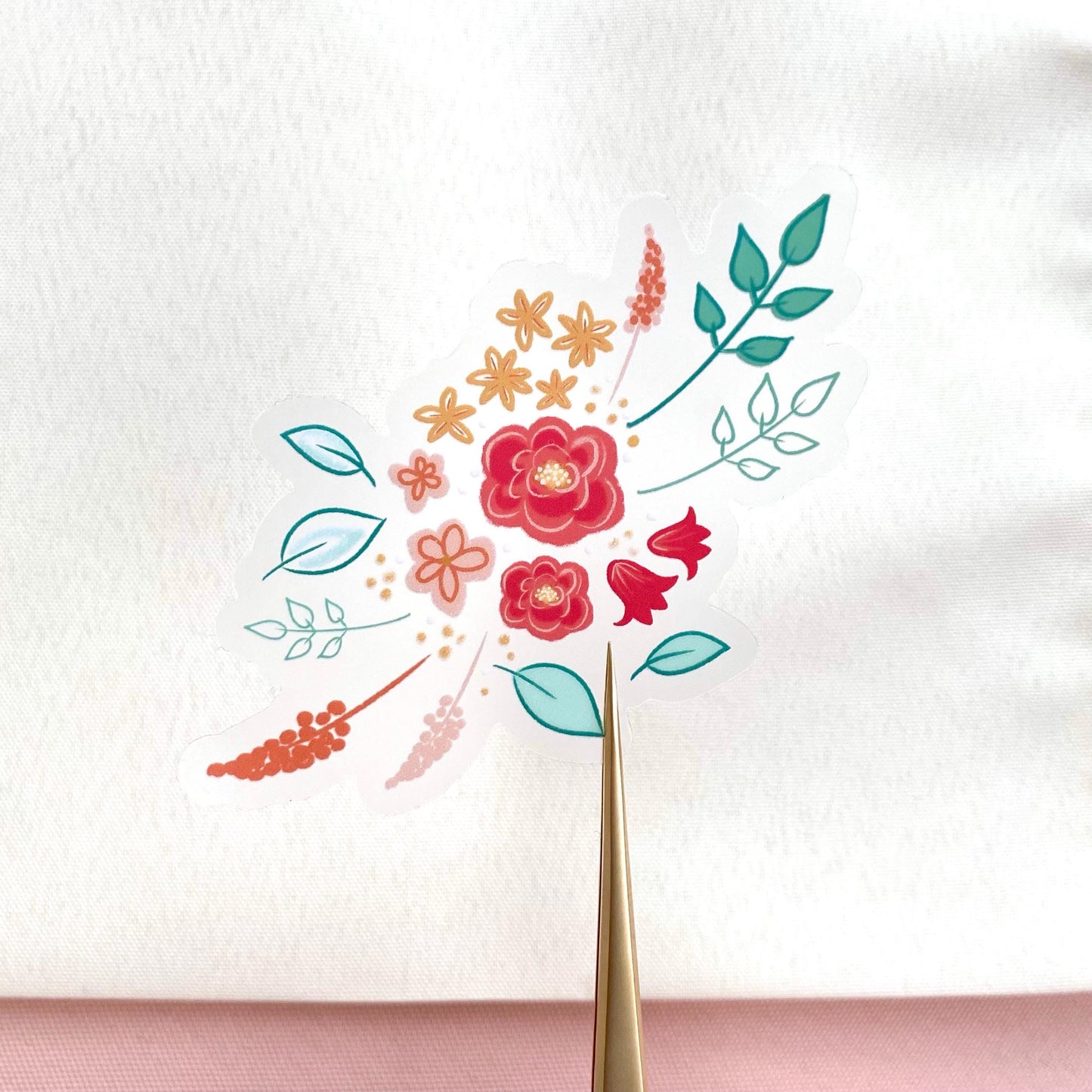 Decorative transparent decal of a floral design with leaves and pink flowers against a white background.