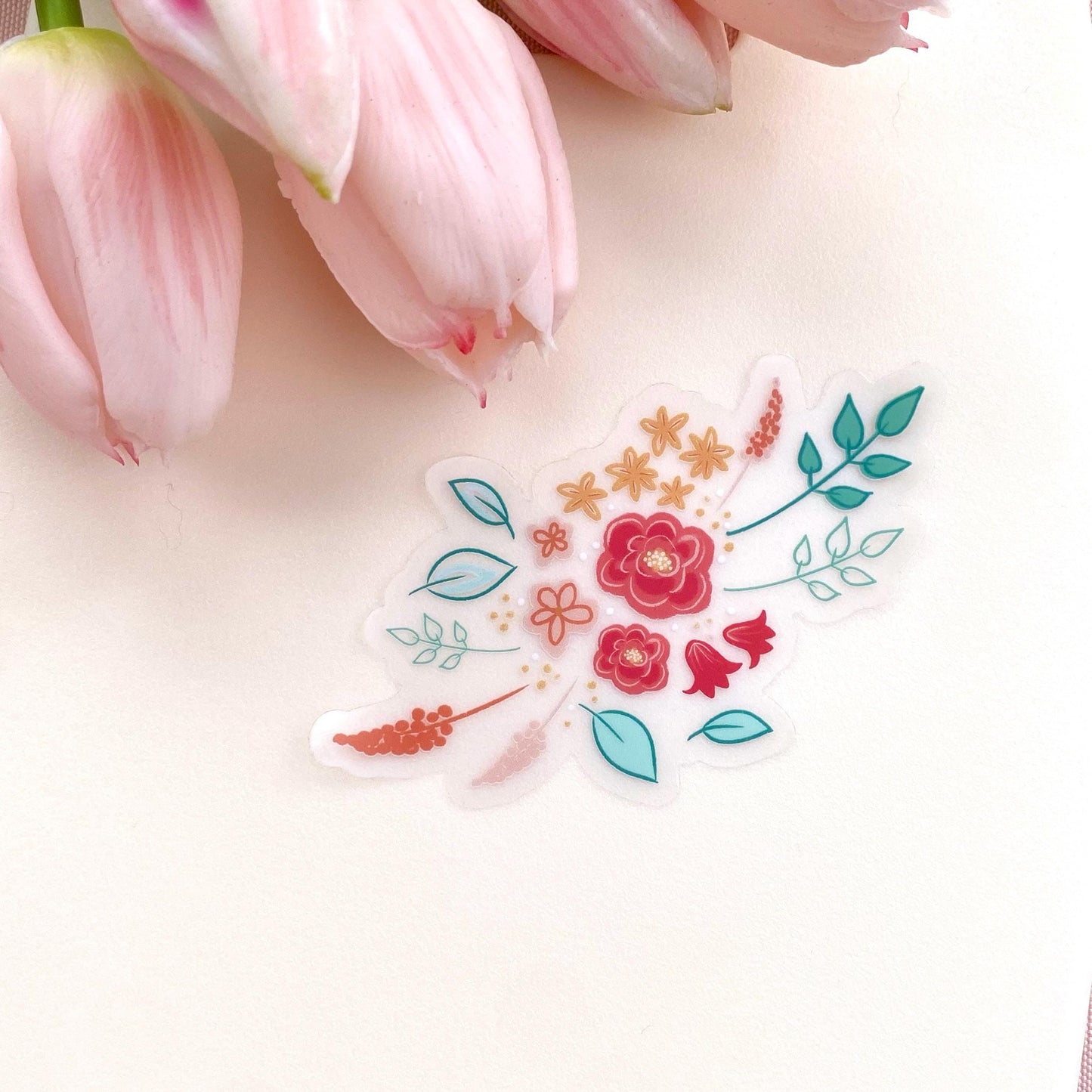 Floral sticker with pink tulips on a white background