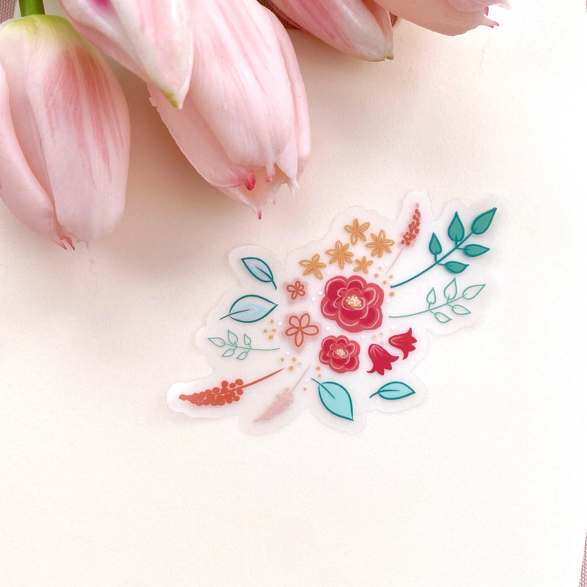 Floral sticker with pink tulips on a white background